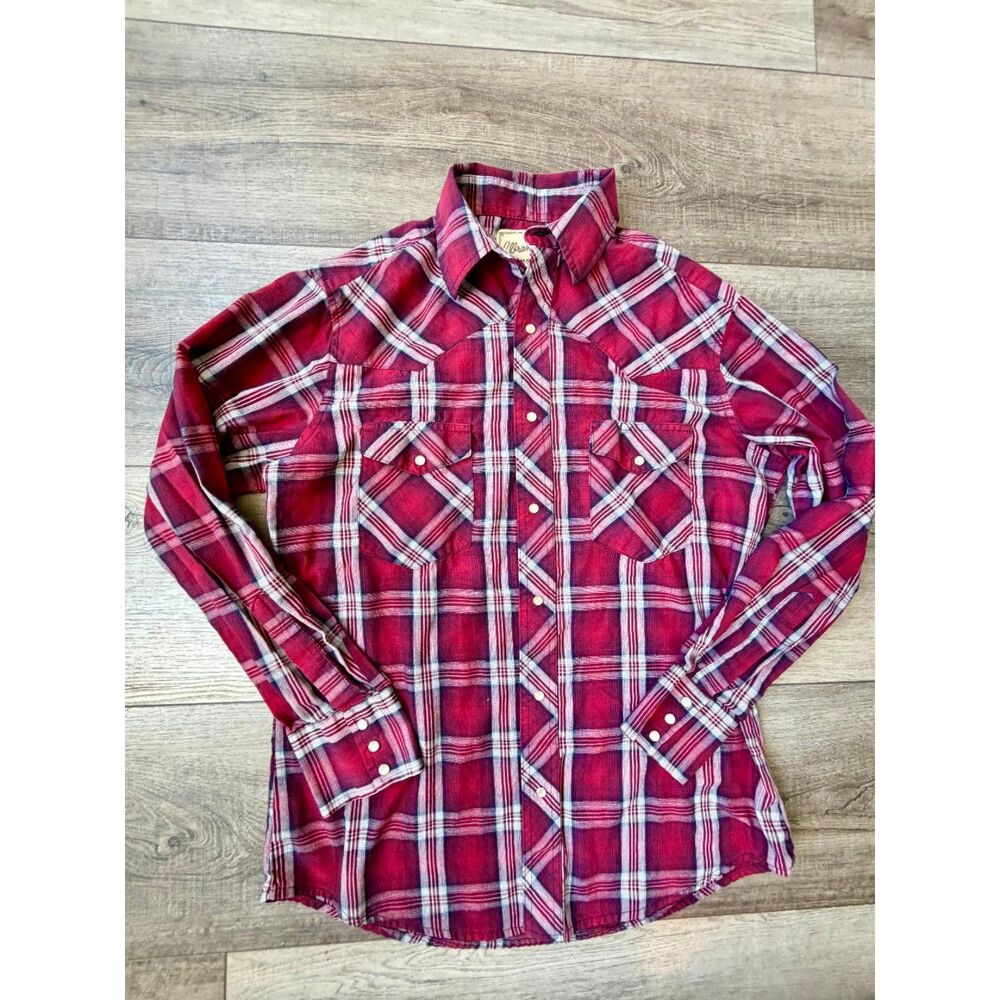Wrangler Vintage Pearl Snap Plaid Long Sleeve Western Shirt Rodeo Mens